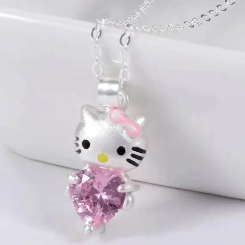 Kawaii Hello Kitty Sanrio Pink Crystal Necklace Silver Alloy Anime Jewelry Chain Female Charm Valentine Accessories Girl Gift