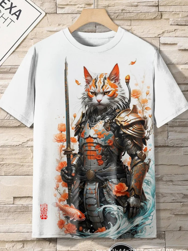 Japanese Samurai Cat graphic t-shirt featuring vibrant 3D print, adorned with flowers and armor, perfect men&
