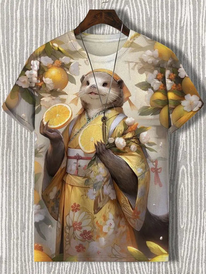 3D graphic tee featuring a cat in a kimono holding oranges, vibrant and colorful digital art, perfect for casual wear.