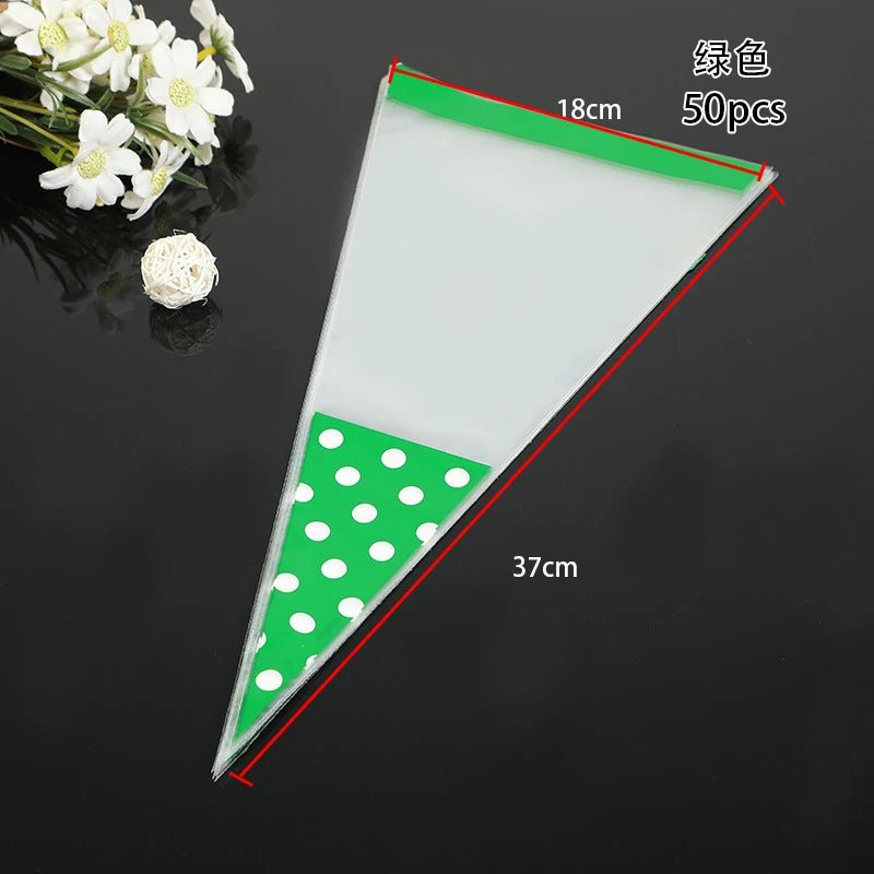 50pcs/Lot DIY Candy Bag Wedding Favors Halloween Christmas Party Decor Sweet Cellophane Print Cone Storage with Organza Pouches - Kaiju Mafia