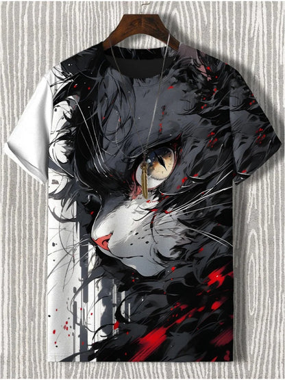 Japanese Samurai Cat 3D graphic tee showcasing vibrant black cat design on a casual shirt.