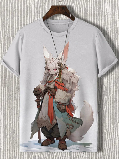 3D printed T-shirt featuring a fantasy character with rabbit ears and tribal clothing design.