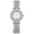 Silver quartz wristwatch with sparkling rhinestone accents and stylish bracelet design for women.