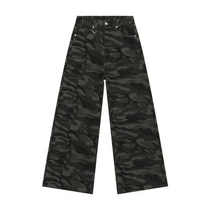 Wide leg camo pants in dark green and black camouflage pattern, featuring a relaxed fit and modern style.