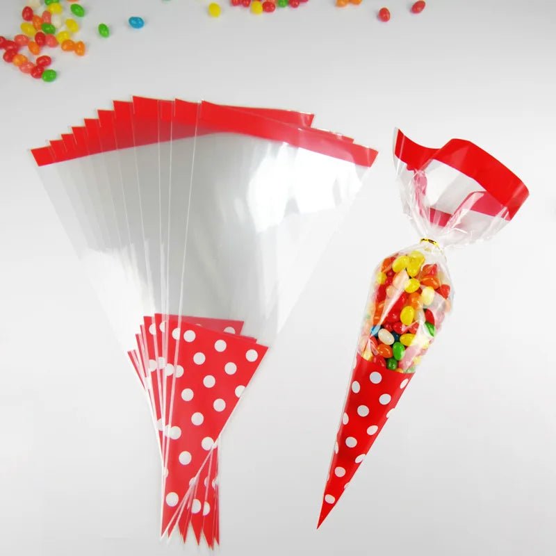 50pcs/Lot DIY Candy Bag Wedding Favors Halloween Christmas Party Decor Sweet Cellophane Print Cone Storage with Organza Pouches - Kaiju Mafia