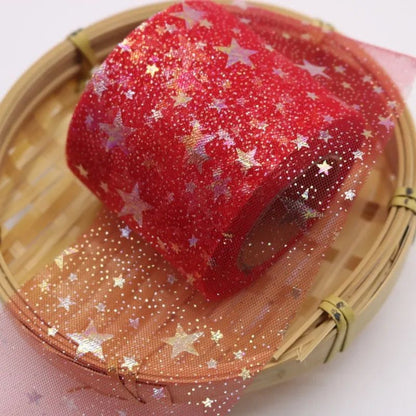 25yard Silver star Printed Tulle Cherry Blossom Mesh Fabric Rainbow Color Ribbon DIY Handmade Craft Ornament Material Supplies - Kaiju Mafia