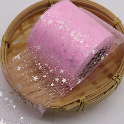 25yard Silver star Printed Tulle Cherry Blossom Mesh Fabric Rainbow Color Ribbon DIY Handmade Craft Ornament Material Supplies - Kaiju Mafia