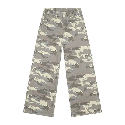 old blue washed denim pants in a camouflage pattern, featuring wide-leg design and casual style.