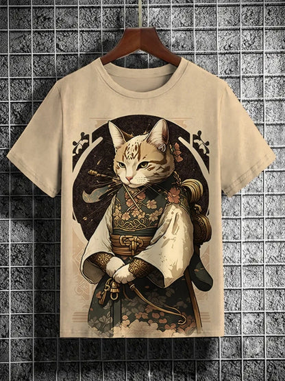 Japanese Samurai Cat 3D Graphic Tee for men featuring vibrant 3D printing on a beige casual t-shirt.