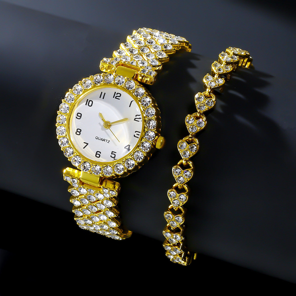 Luxury gold women’s quartz watch set with shimmering bracelet, stylish design for special gifts and elegant accessories.