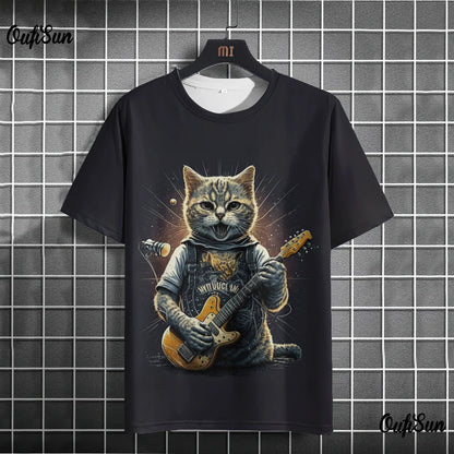 Japanese Samurai Cat 3D Graphic Tee featuring a cat playing guitar in vibrant colors on a black casual t-shirt.