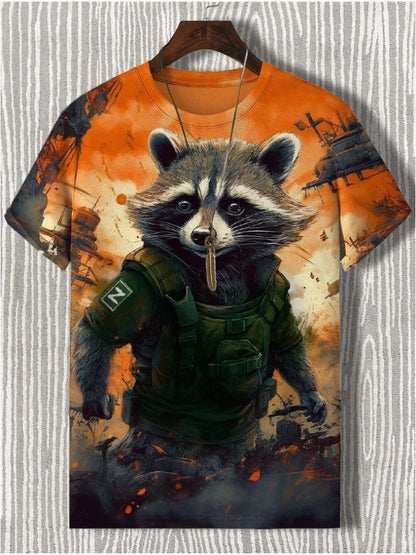 3D graphic tee featuring a raccoon in a combat outfit on an orange background, showcasing vibrant colors and detailed design.