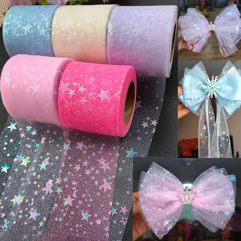 25yard Silver star Printed Tulle Cherry Blossom Mesh Fabric Rainbow Color Ribbon DIY Handmade Craft Ornament Material Supplies - Kaiju Mafia