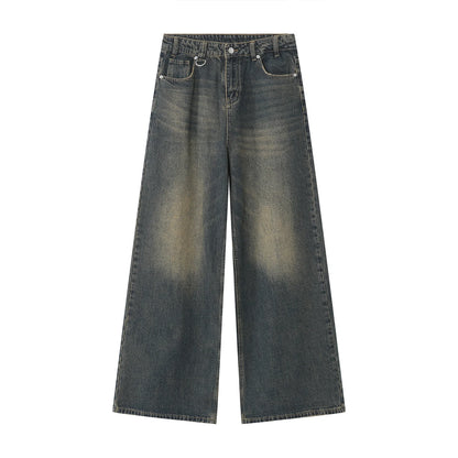 old blue washed denim pants in wide leg style with faded details