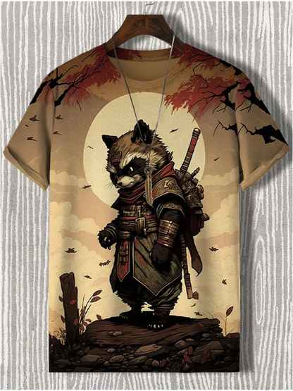Japanese Samurai raccoon graphic tee, vibrant 3D printed men&