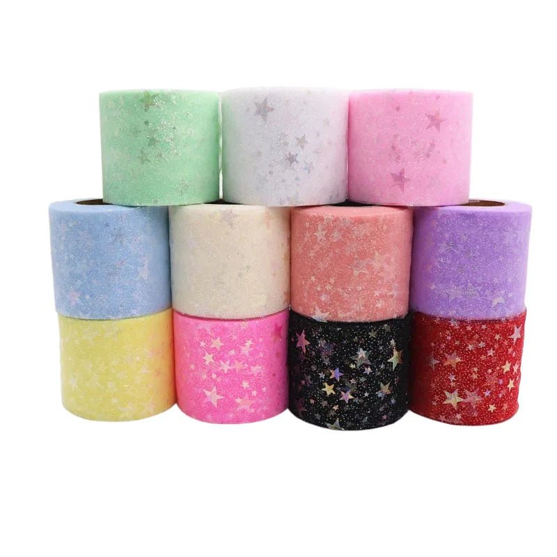 25yard Silver star Printed Tulle Cherry Blossom Mesh Fabric Rainbow Color Ribbon DIY Handmade Craft Ornament Material Supplies - Kaiju Mafia