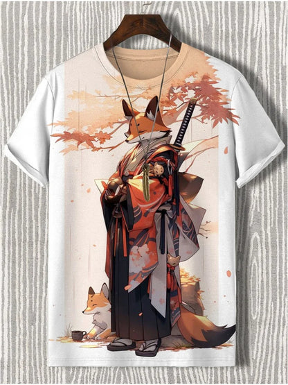 Japanese 3D printed t-shirt featuring a fox samurai with vibrant autumn leaves design, casual wear for men.