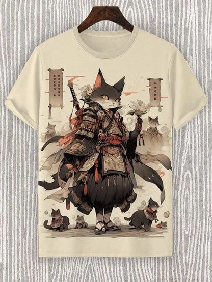 Japanese Samurai Cat 3D graphic tee featuring a cat dressed in traditional samurai armor with smaller cats around.