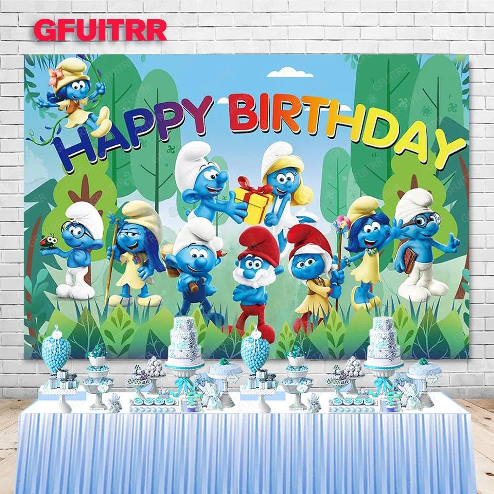 MINISO Forest Smurfs Backdrop Boys Kids Birthday Party Decoration Photography Background Studio Booth Prop Baby Shower Banner - Kaiju Mafia