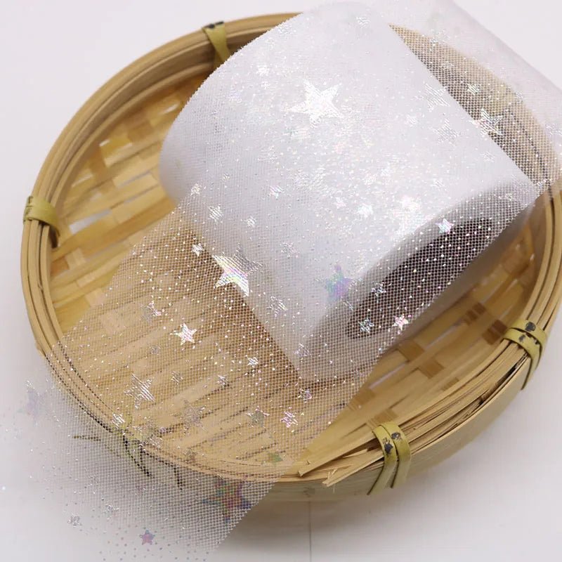 25yard Silver star Printed Tulle Cherry Blossom Mesh Fabric Rainbow Color Ribbon DIY Handmade Craft Ornament Material Supplies - Kaiju Mafia