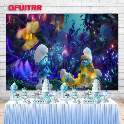 MINISO Forest Smurfs Backdrop Boys Kids Birthday Party Decoration Photography Background Studio Booth Prop Baby Shower Banner - Kaiju Mafia