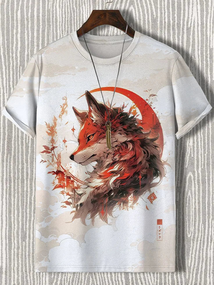 Artistic graphic tee featuring a fox design against a circular red backdrop, perfect for casual wear.