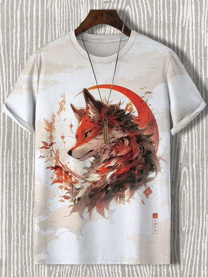 Artistic graphic tee featuring a fox design against a circular red backdrop, perfect for casual wear.