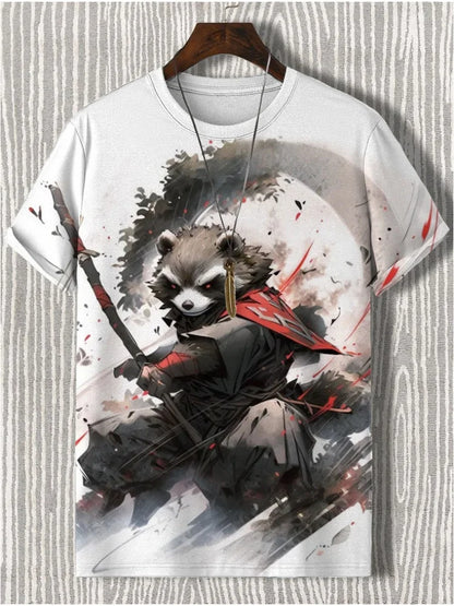 Japanese Samurai Panda 3D graphic t-shirt with vibrant colors and intricate design on a wooden background.