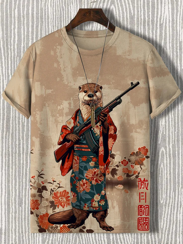 Japanese otter in a kimono holding a rifle, featured on a casual t-shirt with floral designs.