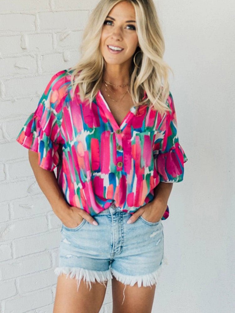 Fashion Abstract Stroke Print Short - Sleeved Chiffon Shirt Tops Women&