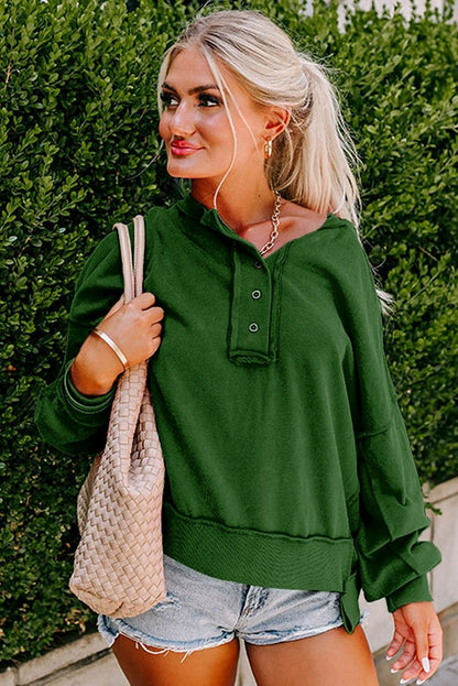 Fall New Arrival Pure Color Outer Stitching Button Sweatshirt Women 2024 European and American Leisure Easiest for Match Loose V Neck Pullover Women - Kaiju Mafia