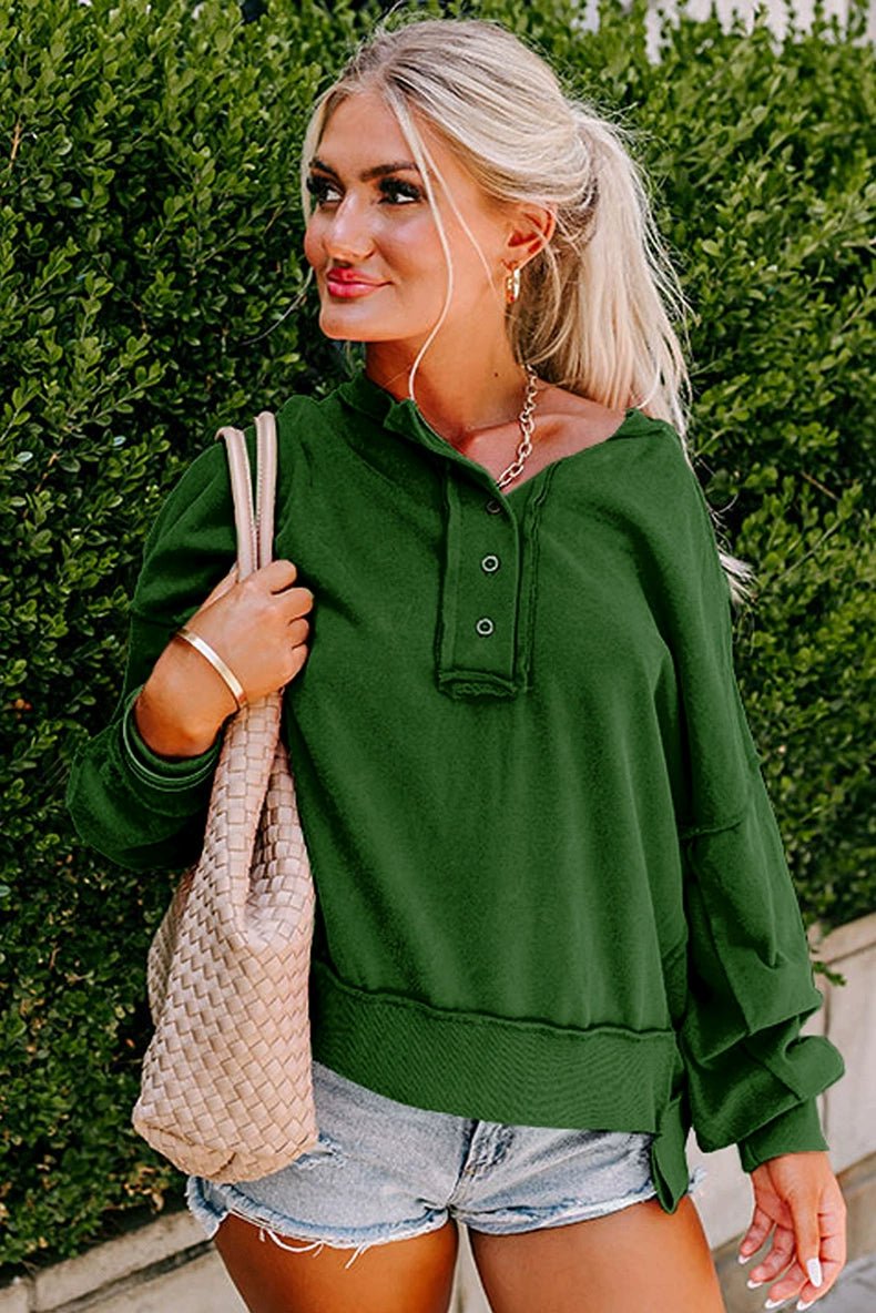 Fall New Arrival Pure Color Outer Stitching Button Sweatshirt Women 2024 European and American Leisure Easiest for Match Loose V Neck Pullover Women - Kaiju Mafia