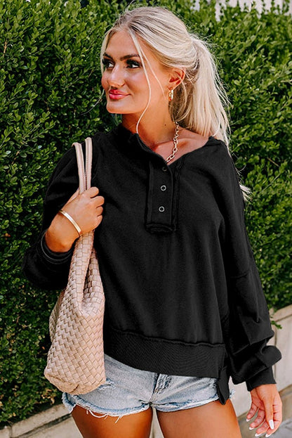 Fall New Arrival Pure Color Outer Stitching Button Sweatshirt Women 2024 European and American Leisure Easiest for Match Loose V Neck Pullover Women - Kaiju Mafia