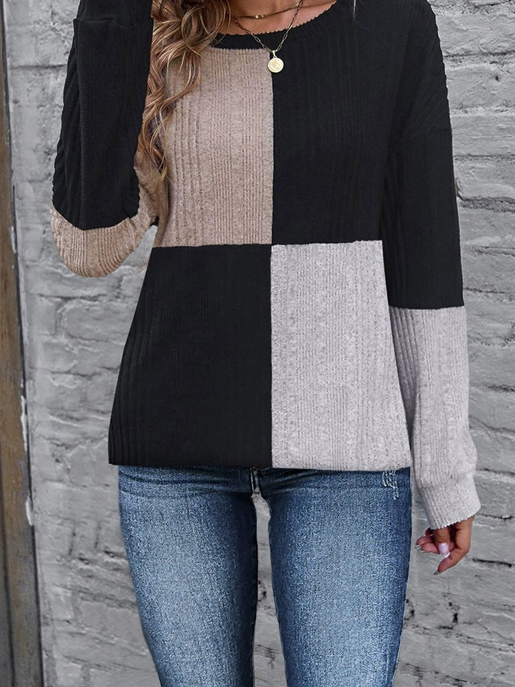 Fashion Contrast Color Multicolor Stitching Long Sleeve T-shirt Women 2024 Fall and Winter New Arrival Silm Easiest for Match round Neck Pullover Tops - Kaiju Mafia