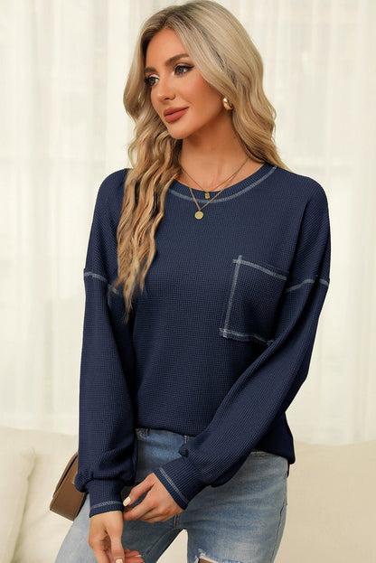 Spring New Arrival Pure Color Waffle Knitting T-shirt Female European and American Leisure Wind Pullover round Neck Long Sleeve Top Female - Kaiju Mafia