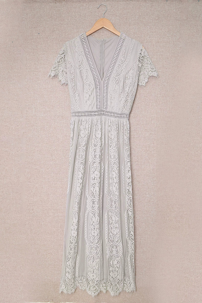 V Neck Fashion White Fairy Lace Dress Short Sleeve - Kaiju Mafia