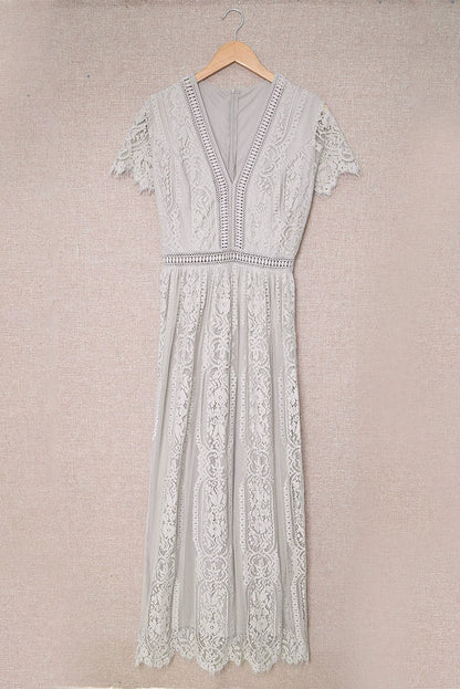 V Neck Fashion White Fairy Lace Dress Short Sleeve - Kaiju Mafia