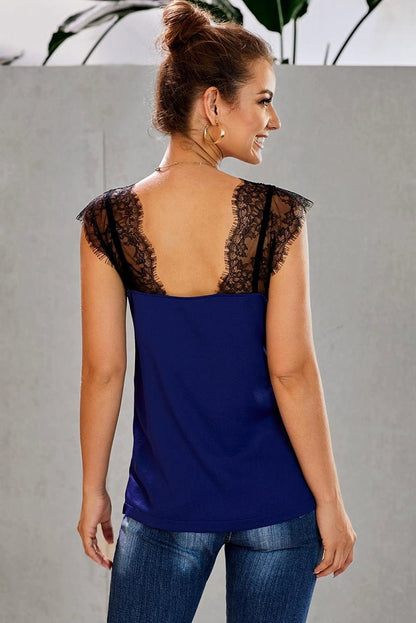 V Neck Loose Black Sleeveless Bottoming Top Lace - Kaiju Mafia
