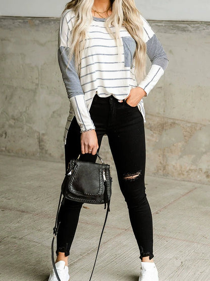 2024 Autumn Thin Striped Printed Long Sleeves T-shirt Female European and American All - Matching Hem Side Slit round Neck Pullover Top - Kaiju Mafia