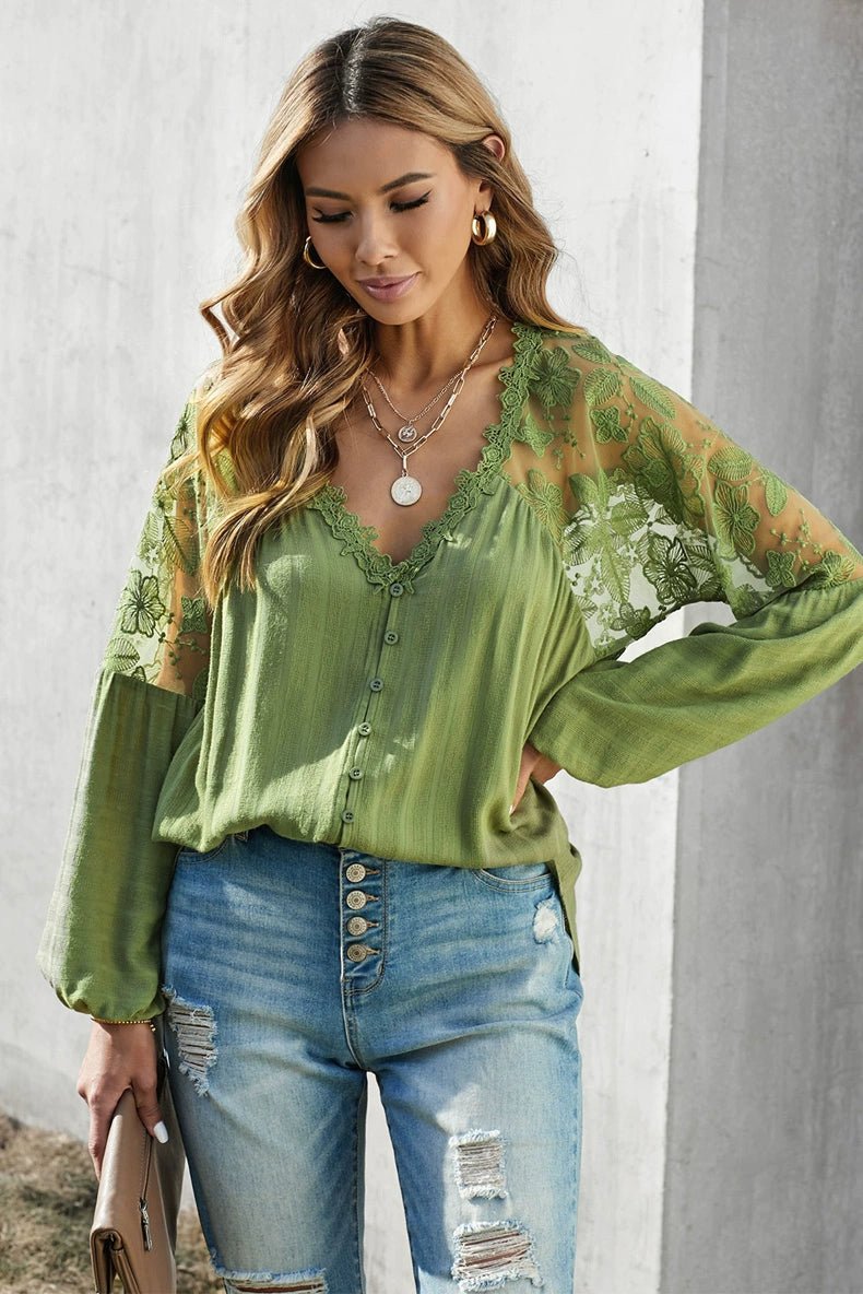 Fashion V Neck Chiffon Shirt Loose Long Sleeves Pullover Lace - Kaiju Mafia