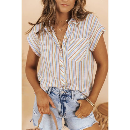 Fashion Stand Collar Stripes Short Sleeve Shirt for Women 2024 Summer New Arrival Stylish Easiest for Match Three - Quarter Sleeve Single - Breasted Shirt for Women - Kaiju Mafia
