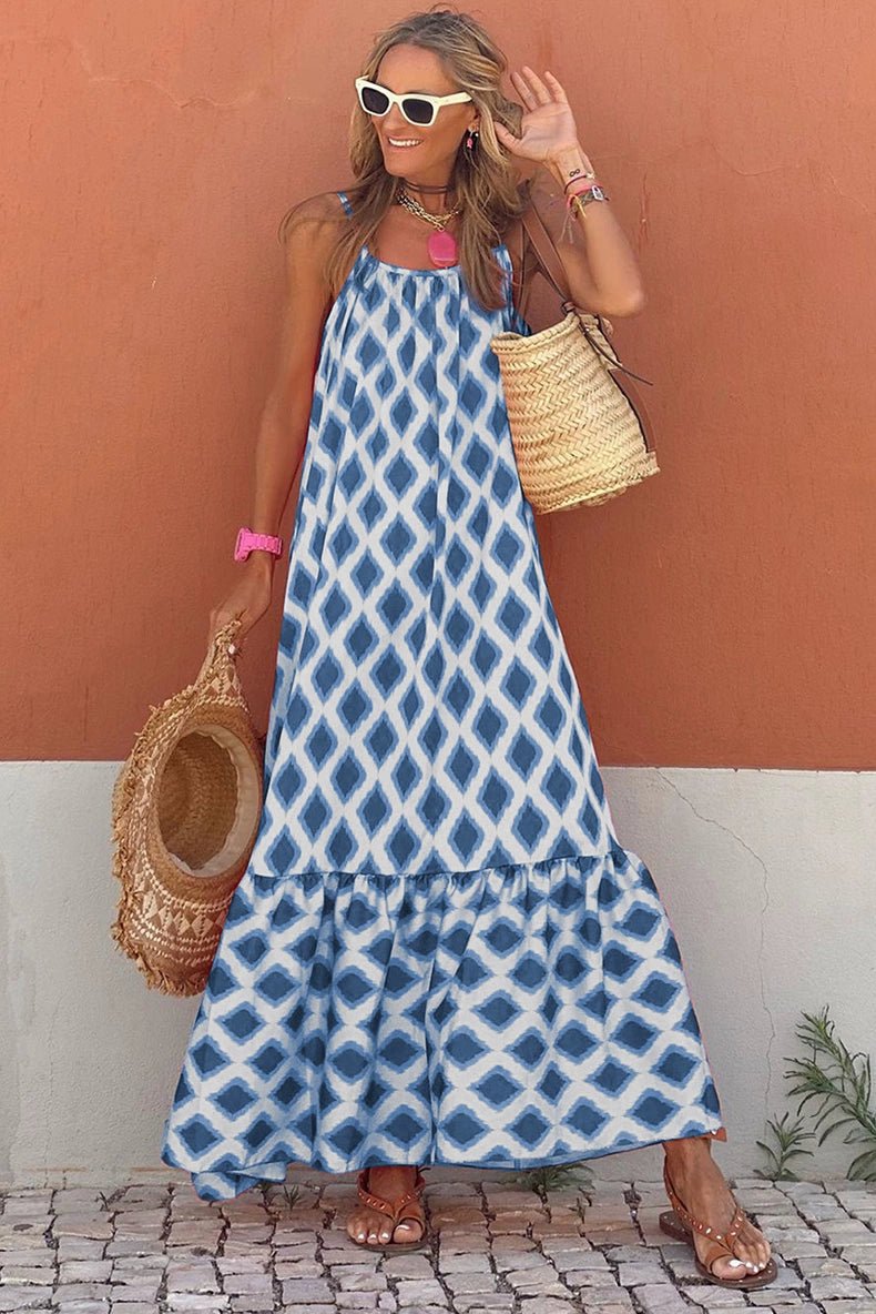 Fashion Geometric Print Sling Long Dress 2024 Summer New Arrival Loose Waist round Neck Sleeveless Thin Dress - Kaiju Mafia
