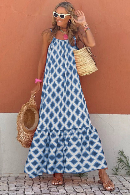 Fashion Geometric Print Sling Long Dress 2024 Summer New Arrival Loose Waist round Neck Sleeveless Thin Dress - Kaiju Mafia