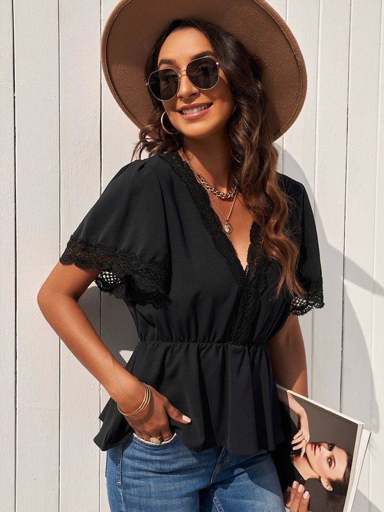 Summer Short Sleeve V Neck Pullover Lace Shirt Women 2024 Europe and America Cross Border Pure Color Casual Waist - Controlled Top T-shirt Women - Kaiju Mafia