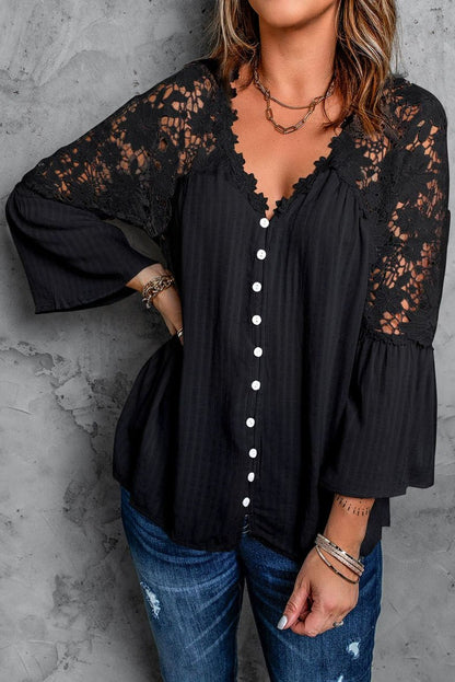Fashion V Neck Chiffon Shirt Loose Long Sleeves Pullover Lace - Kaiju Mafia