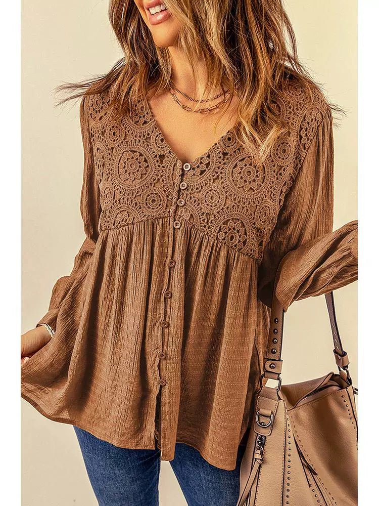 Fall 2024 New Brown Lace Crochet Shirt Women Fashion Style Fashion Button V Neck Little - Girl Style Clothes Tops Women - Kaiju Mafia