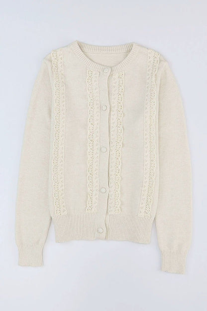 Fall 2024 New round Neck Long Sleeves Cardigan Sweater Women Fashion All - Match Lace Trim Knitted Cardigan Top Women - Kaiju Mafia