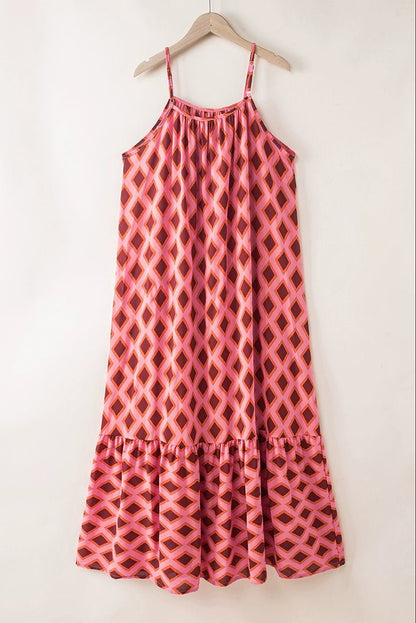 Fashion Geometric Print Sling Long Dress 2024 Summer New Arrival Loose Waist round Neck Sleeveless Thin Dress - Kaiju Mafia