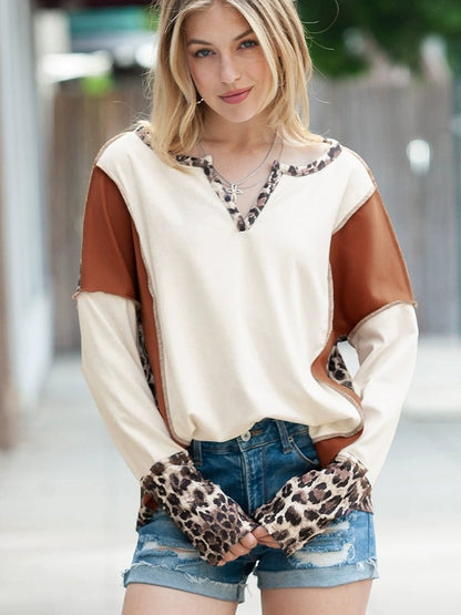 Fashion Leopard Print Stitching Long Sleeve T-shirt Women 2024 Spring &amp; Fall New V - neck Pullover Women Casual Pullover Tops - Kaiju Mafia