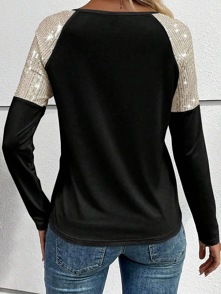 Fashion Sequin Stitching Black Long Sleeves T-shirt Women 2024 Fall and Winter New Versatile Long Sleeves Long Sleeves Pullover Tops Women - Kaiju Mafia